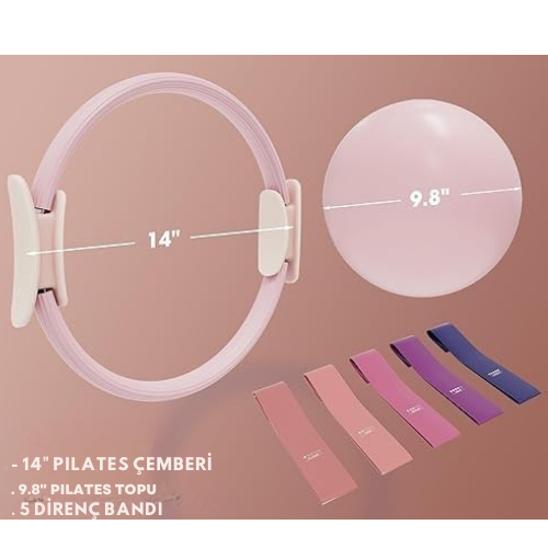 Sıkılaşma Seti 3' Lü  - Çember, Direnç Bandı, Mini Pilates - Yoga Topu